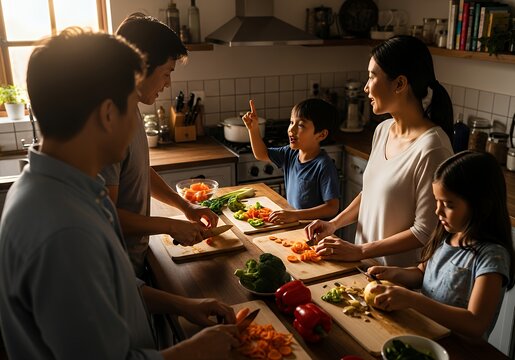 This is an image showing a family in the kitchen preparing