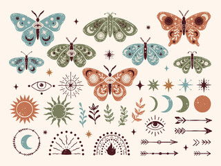 Fototapeta premium Boho celestial hand drawn vector set with mystical butterflies, moths, moon phases, stars, arrows and magical symbols in earthy colors. Textured spiritual doodle set for prints, stickers and decor