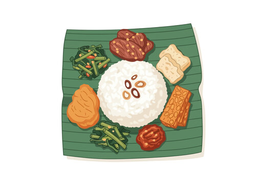 A traditional Indonesian Nasi Campur meal served on a green banana leaf.