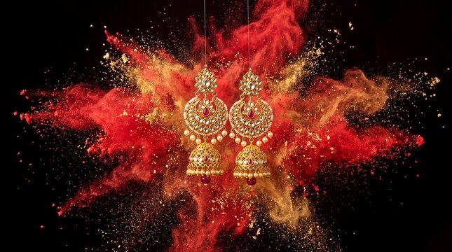 Pair of traditional Indian gold jhumka earrings hanging with red and gold powder explosion on black background