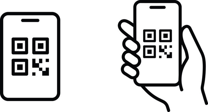 Mobile phone QR code scanning line vector icons with hand holding smartphone for digital payment application interface elements.Mobile phone QR code scanning line vector icons with hand holding smartp