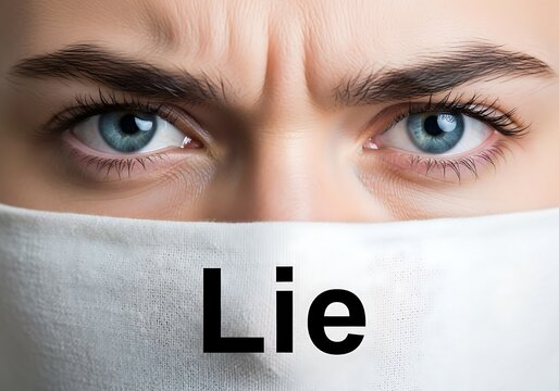 Blue eyes furrowed brow white cloth lie text deception