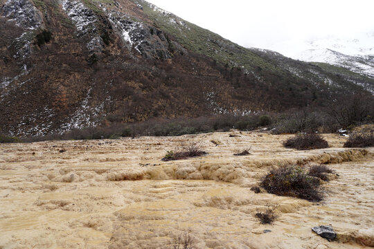 Beautiful scenic Huanglong Valley , a turquoise, calcite-rich pools along the limestone terraces 