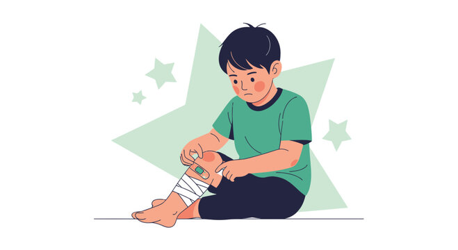Young boy with a bandaged knee, illustration symbolizing childhood injuries, care, and recovery.