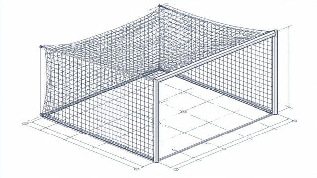 Wireframe soccer goal post with rectangular netting for outdoor sports grounds and stadiums