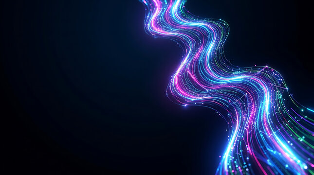 Glowing neon blue and pink fiber optic data streams flowing