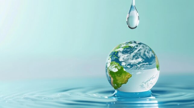 Crystal Clear Water Droplet Falling on Miniature Earth Model Floating in Serene Blue Background