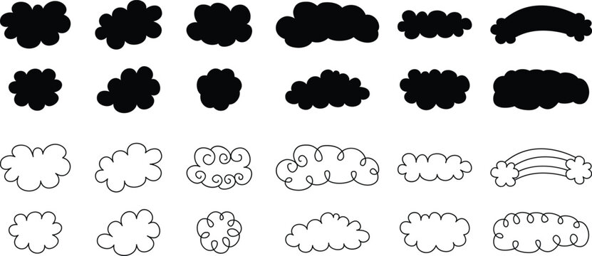 Comic cloud bubble collection for dialogue, caption, and message design. Hand drawn speech shapes and thought frames isolated on white background. Vector outline set for chat, sticker, doodle, cartoon