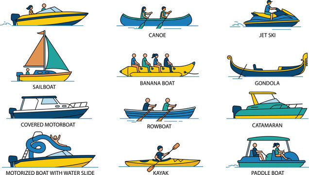 Recreational boats and watercraft collection, marine transport vessels with passengers, colorful vector illustration set