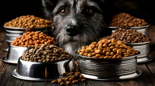 Dog's eager eyes observing several full bowls of premium dry kibble on a rustic wooden table