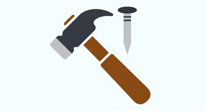 Brown hammer and gray nail icon on white background.