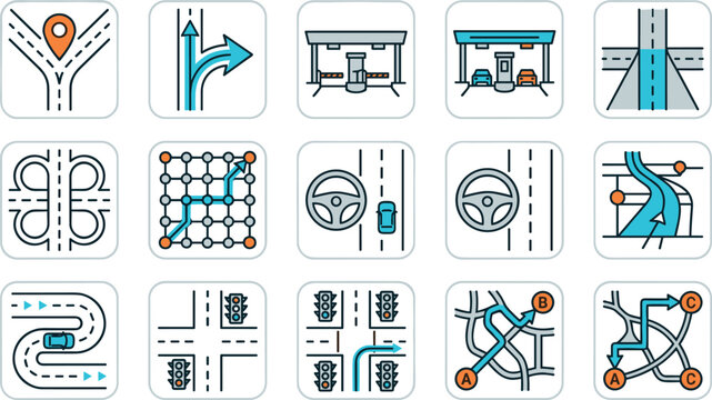 Road Navigation and Traffic Line Icon Set with Forked Paths, Toll Booths, Cloverleaf Interchange, Steering Wheel, Crossroads, and Route Planning