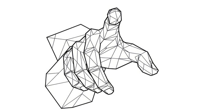 Futuristic wireframe hand pointing geometric illustration.