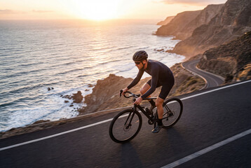 Fototapeta premium Male cyclist riding a road bike on a scenic coastal road at sunset
