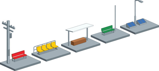 Urban street furniture collection, bus stop benches and lighting elements, isometric vector illustration set © Vexora Studio