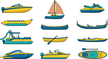 Watercraft and boat collection, marine transportation and recreational vessels, colorful vector illustration set design © Vexora Studio
