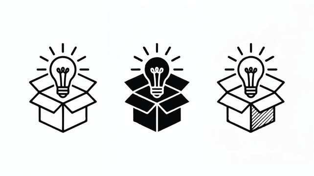 Three illustrations of light bulbs emerging from open boxes in a row