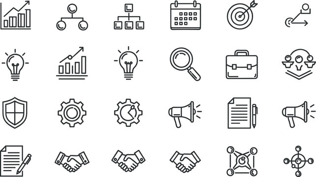 Corporate business management and marketing strategy line icons set containing growth charts financial planning targets handshake workflow elements