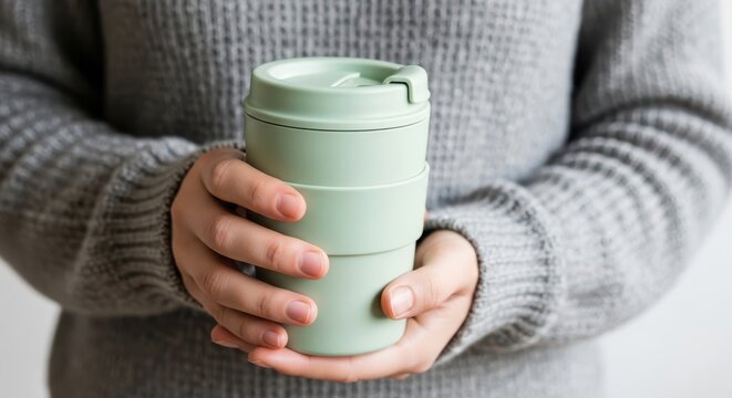 Person holding a reusable light green coffee cup