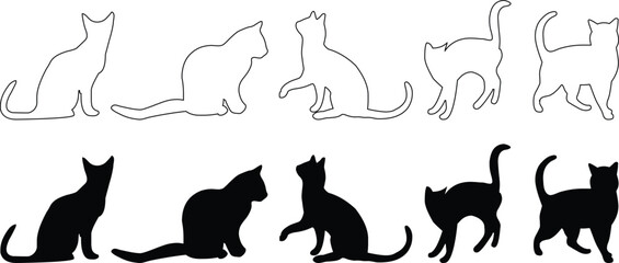 Cat animation silhouette collection. Walking, sitting, stretching, and playful feline motion poses for pet, wildlife, and creative video projects. Seamless movement asset set. © Parul