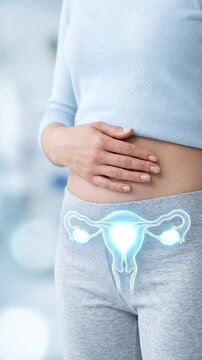 Uterine fibroid causing pelvic pain and discomfort in female abdomen and uterus affecting women health and anatomy with symptoms requiring medical attention and care