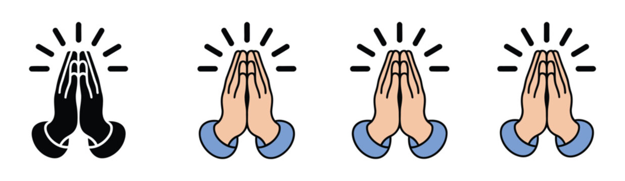 Prayer and respect icons, praying hands spiritual symbols linear style vector illustration gratitude devotion faith concept design set.