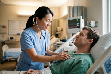 Fototapeta premium Female doctor examining male patient with stethoscope