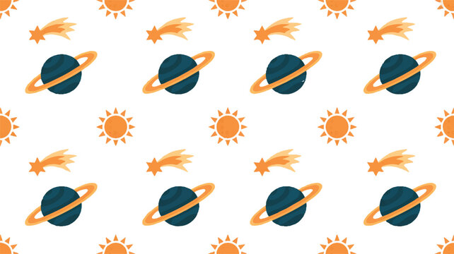 A retro-style geometric pattern design featuring planets and suns