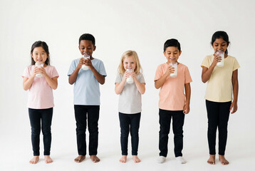 Fototapeta premium Five diverse children standing in a row drinking milk