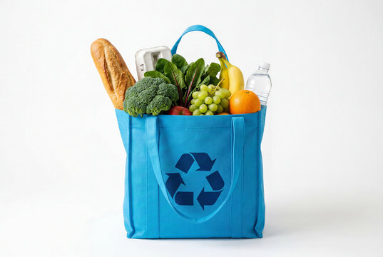 Blue reusable shopping bag filled with fresh groceries
