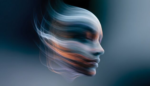 Abstract human face profile with flowing digital lines. Artificial intelligence and futuristic concepts. Ethereal entity looking forward in a simulated virtual reality space