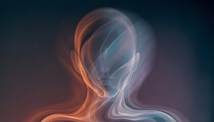 Naklejka premium Translucent glowing ribbons shaping a human head. Concept of mental health and inner peace. Abstract figure meditating in a calming digital space.