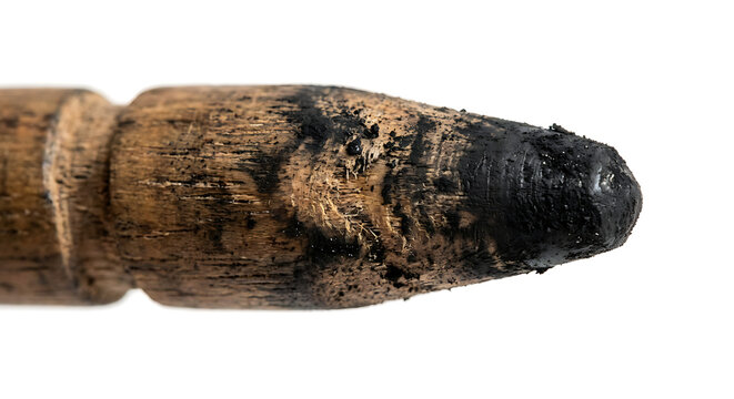 Macro of charred wooden handle on white background