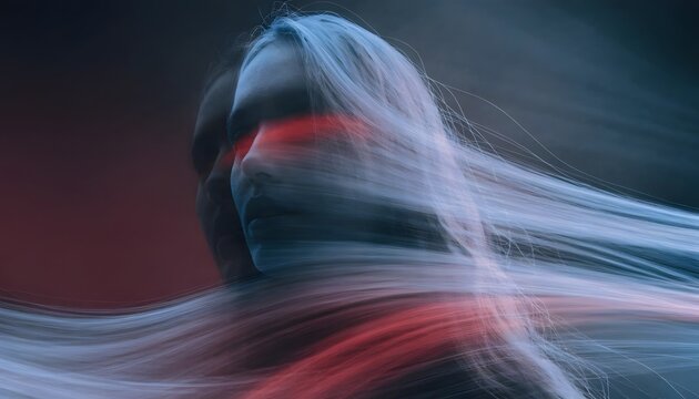 Abstract portrait with long flowing hair and motion blur. Artistic representation of identity and mental health. Woman facing forward with dynamic neon red and blue light trails