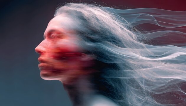 Profile of a woman in rapid forward movement with trailing hair. Concept of time passing and futuristic speed. Person facing left enveloped in intense red and cyan motion blur