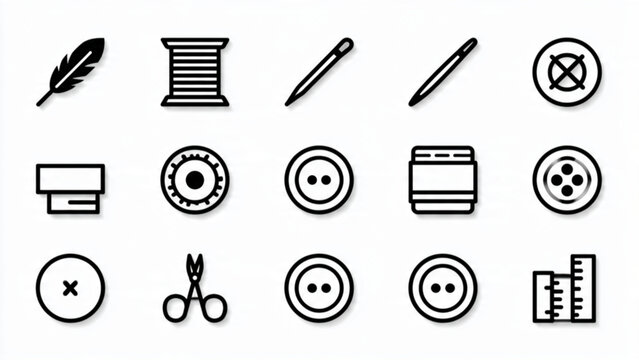 Collection of black and white sewing tools including needles threads scissors for craft and tailoring projects