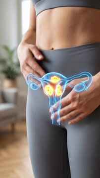 Uterine fibroid causing pelvic pain and uterus discomfort with glowing medical illustration over female lower abdomen highlighting anatomy and health awareness in women