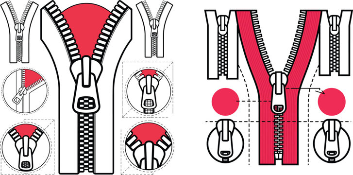 Technical design illustration of zipper mechanisms and components for garment construction