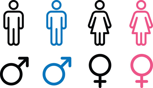 Set of male and female gender symbols and human body icons in black blue and pink colors