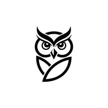 Simple black and white stylized owl with large eyes, feather details, and leaf element