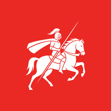 White knight on horseback with lance on a red background, emblematic design