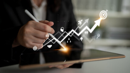 Obraz na płótnie Canvas Business growth strategy drives goal achievement. Business growth improves performance, supports innovation, business growth tracks success, and business growth builds future. Latch
