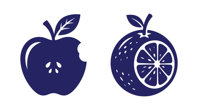 Graphic icon set featuring a bitten apple and a sliced orange food and drink citrus fruit minimalist nutrition illustration snacking segments refreshment agricultural vegetarian breakfast