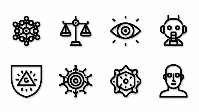 Collection of eight minimalistic black line icons including abstract shapes scales eye robot shield sun snowflake and person