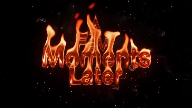 A few moments later text burning with intense orange flames and shimmering embers rising in a dark cinematic motion graphic video animation style that adds dramatic flair and high energy to your creat
