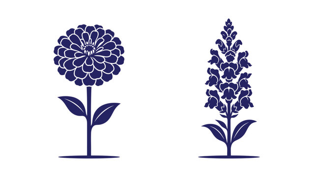 Dark blue zinnia and snap dragon flower illustrations with snapdragon botanical illustration stylized isolated background decorative silhouette monochrome composition wildflower