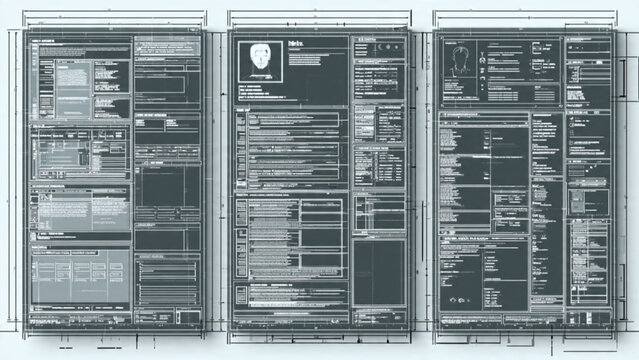 High tech computer code interface with digital screens displaying complex data and graphical elements in modern workspace