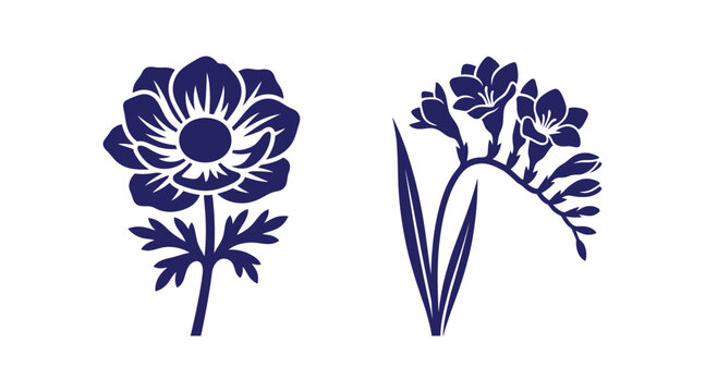 Dark blue anemone and freesia flower illustrations with botanical illustration stylized isolated background decorative silhouette monochrome composition wildflower