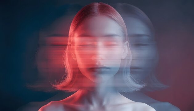 Shaking motion blur of a woman facing forward with long trails. Anxiety panic attack and disorientation concept. Person feeling dizzy in a fast environment.