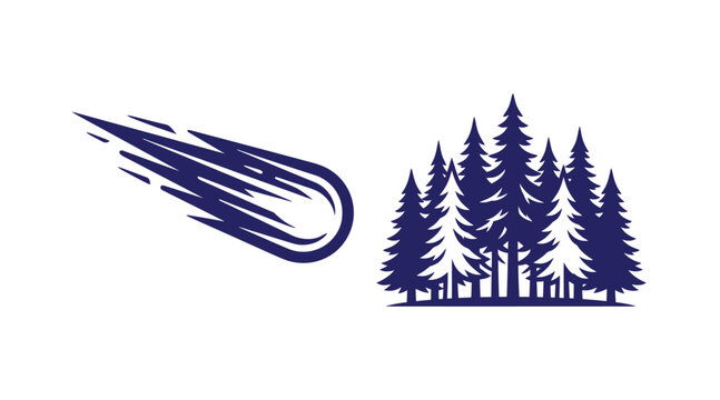Graphic illustration of a falling comet and pine forest with silhouette illustration isolated astronomy woodland landscape botanical environment minimalist atmosphere celestial treeline